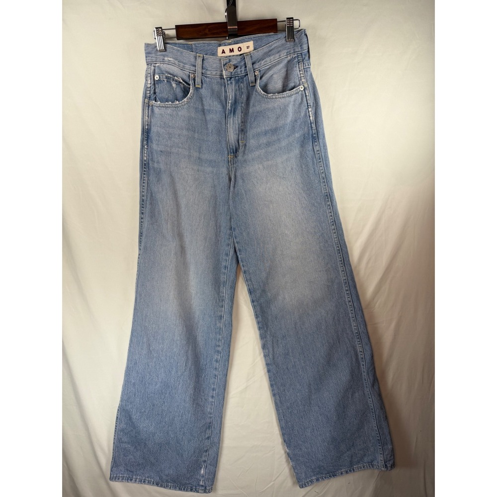 AMO Frida Women Light Wash Wide Leg High Rise Distressed Denim Jeans Size 27